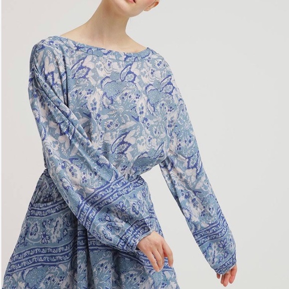 Free People Washed Blue Silver Sun Floral Blouson Open Back Mini Dress Size XS - Picture 7 of 16